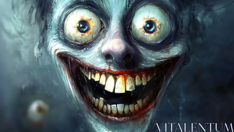 Disturbing closeup of crazed grinning horror face portrait.