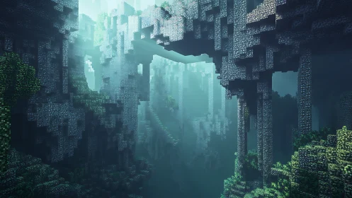 Voxel ruins drift through a mist-drowned emerald chasm