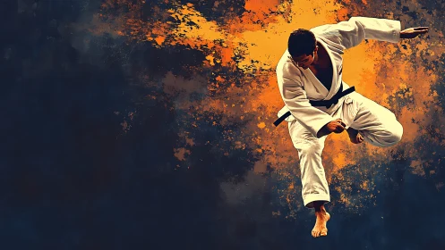 Martial artist executes airborne kick over abstract blaze.