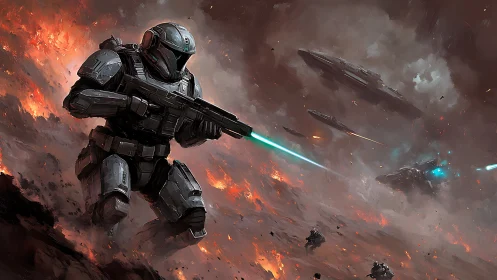 Armored space marine charges through burning alien warzone.