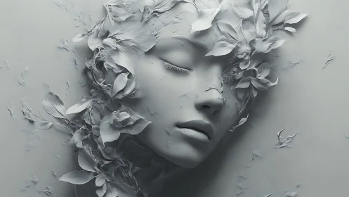 Monochrome floral relief portrait with sculpted morphogenesis.
