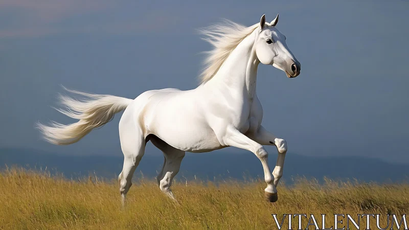 White horse gallops through golden meadow at dusk