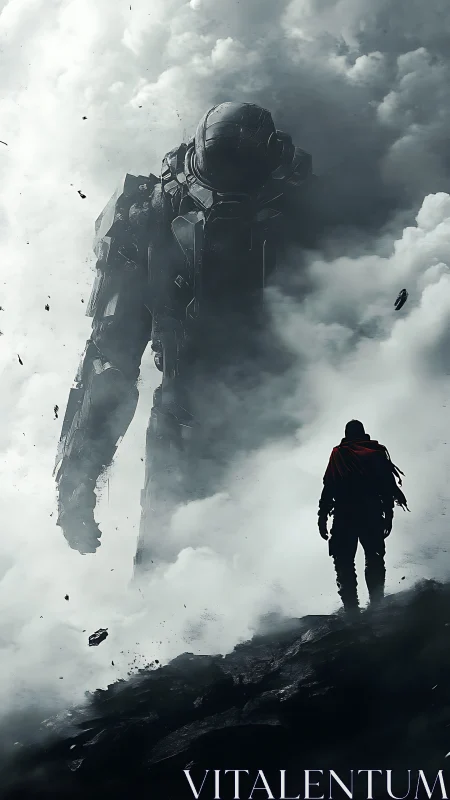Colossal mech emerging from fog before lone cloaked figure.
