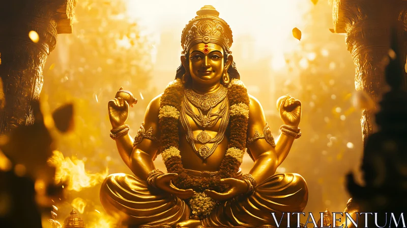 Golden deity seated in cascading light and drifting petals.