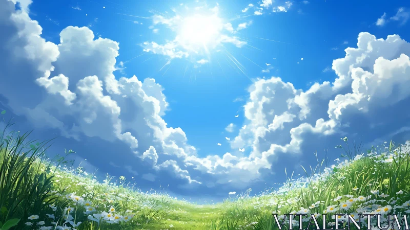 Luminous meadowscape under radiant midday cumulus sky.