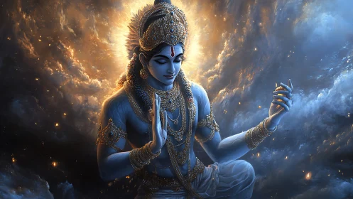 Blue-skinned divine figure seated in luminous cosmic clouds.