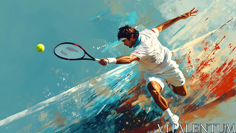 Dynamic tennis leap bursting through bold painted motion.