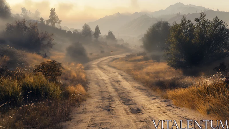 Dusty country road winding through misty golden hills.