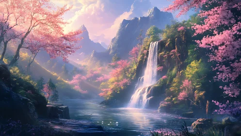 Spectral spring waterfall in high-altitude sakura valley.