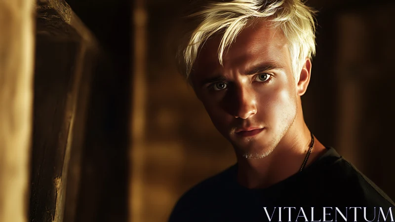 Golden-lit blond stranger stares through shadowed silence.