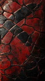 Weathered red leather wall with bold cracked black paint.