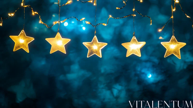 Illuminated star string lights glow against a bokeh teal background