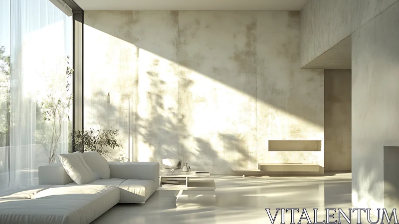 Minimalist living room with soft daylight and pale concrete walls.