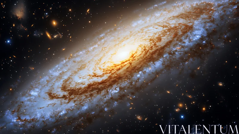 Swirling spiral galaxy core under luminous cosmic dust halo.