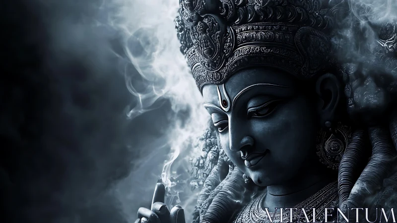 Monochrome digital render depicts ornate deity portrait