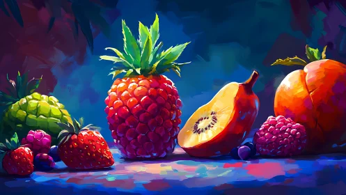 Luminous rainbow fruit still life glowing with juicy color.