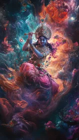 Cosmic blue deity dances gracefully through swirling starlight