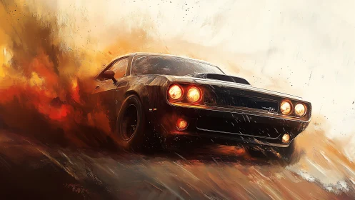 Muscle car comet blazing through a storm of painted fire.
