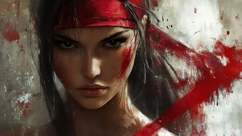 Portrait shows stern woman with red headband and paint streaks