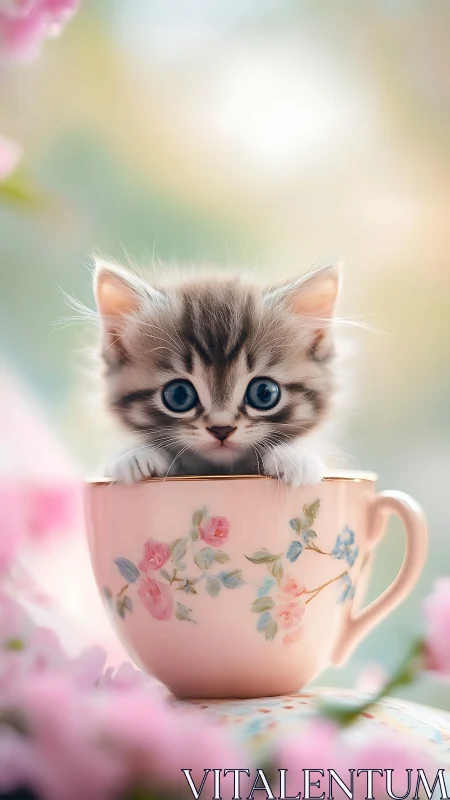 Tabby kitten sitting inside floral porcelain teacup indoors.