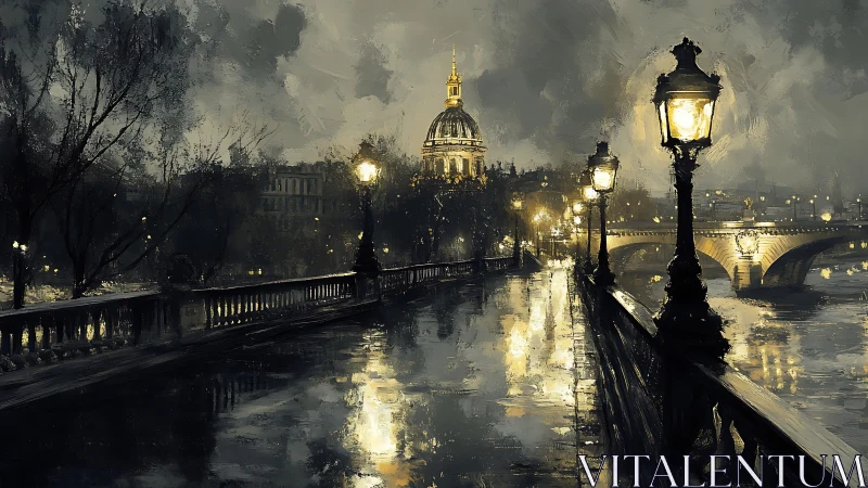 Rainy riverside promenade glows under gentle city lights