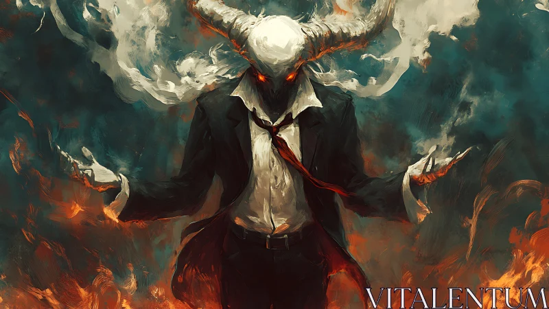 Demonic horned figure in suit stands amid swirling flames