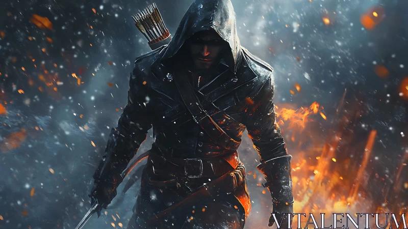 Hooded warrior strides through sparks and swirling snow
