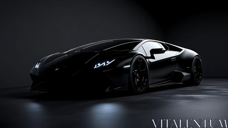 Black supercar coupe under dramatic low key studio light.
