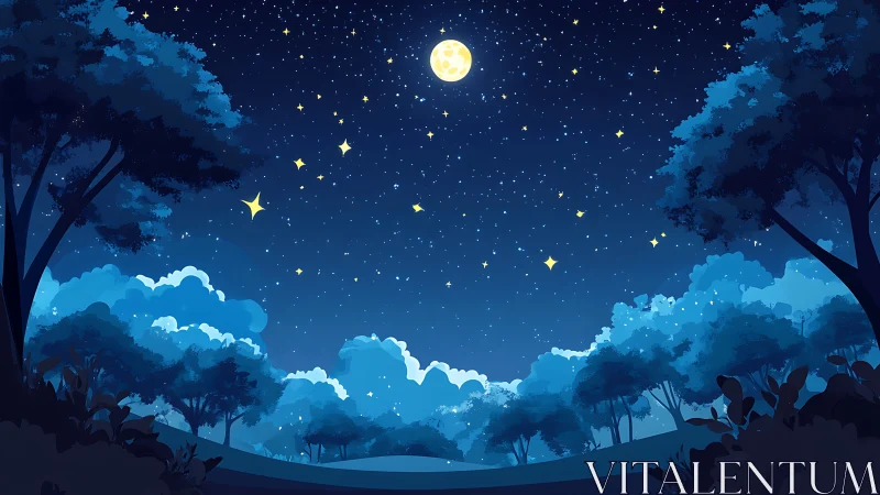 Moonlit Night Sky Over Forest Landscape with Stars