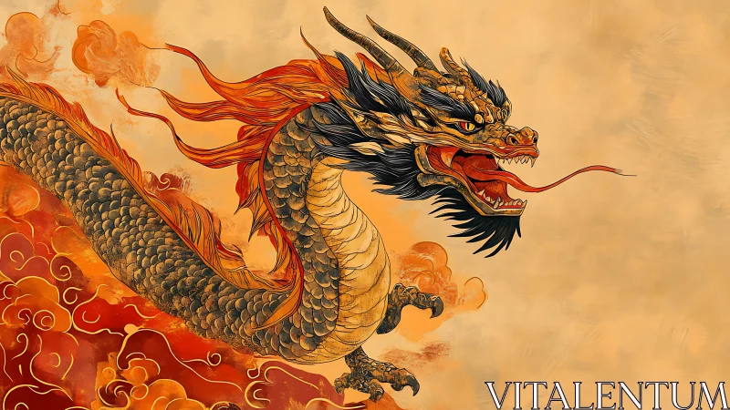 Dragon coils through stylized orange clouds and breathes fire