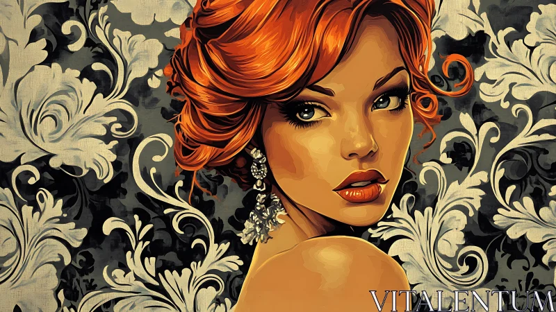 Digital painting portrait with baroque floral damask backdrop.