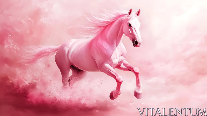 Dream-bright pink horse galloping through cotton clouds.