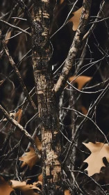 Tree trunk and dry autumn leaves in muted woodland scene.