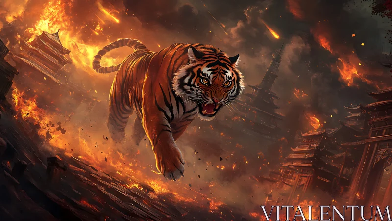 Firelit tiger sprinting through a storm of falling embers.