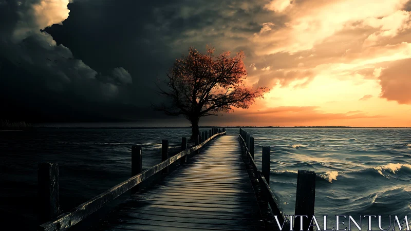 Storm-lit pier converges on solitary autumn tree at chiaroscuro horizon