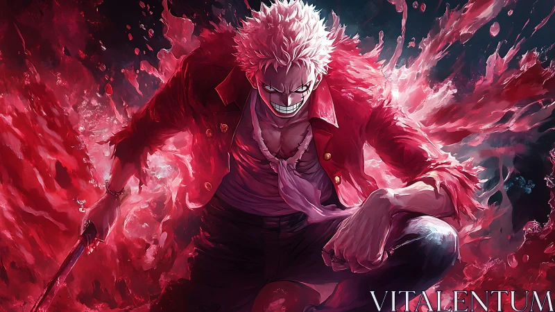 Red-clad anime figure advances amid dynamic liquid forms