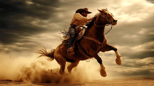 Cowboy galloping quarter horse through sunlit desert dust