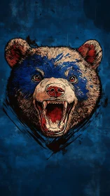 Roaring blue bear portrait crackling with wild energy.