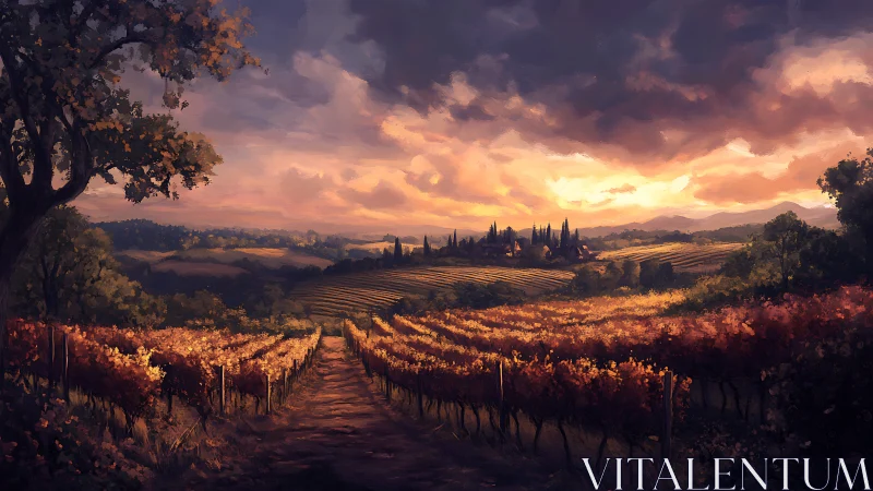 Sunset light pours over tranquil hillside vineyards and village