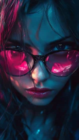 Neon-lit gaze in pink glasses and electric blue glow.
