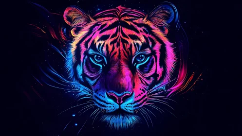 Neon spectral tiger portrait in symmetrical digital painting.