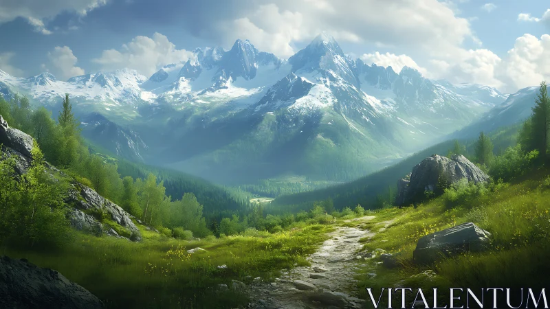 Mountain valley trail under snow capped alpine peaks.