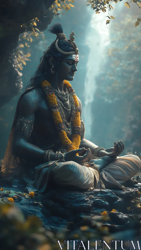 Forest meditation with serene blue deity and soft light.