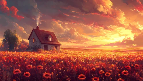 Sunset sets a cottage adrift in a blazing flower ocean