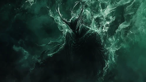 Shadowy horned figure emerging within swirling green mist.
