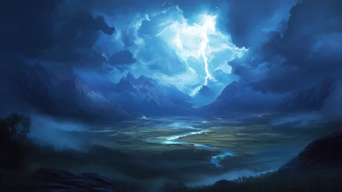 Night valley landscape under storm clouds and lightning.