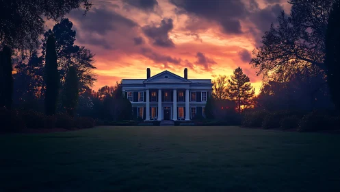 Photorealistic neoclassical mansion at dramatic sunset horizon.
