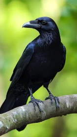 Raven in Profile: Glossy Black Plumage Against Verdant Backdrop.