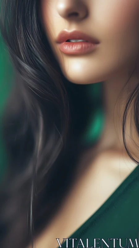 Silken hair and parted lips in emerald hush of mystery.