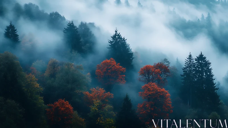 Misty Forest Autumn: Red Maple Trees in Fog.